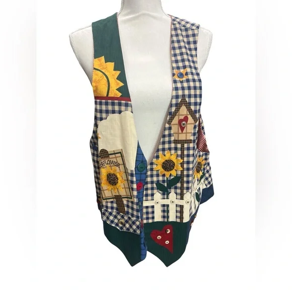Vintage Patchwork Sunflower Gingham Vest Cottagecore Farmhouse Folk Art L - Picture 2 of 8
